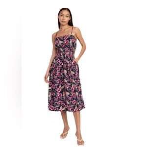 Old Navy XL Waist Defined Floral Linen Blend Smocked Cami Midi Dress Cottage